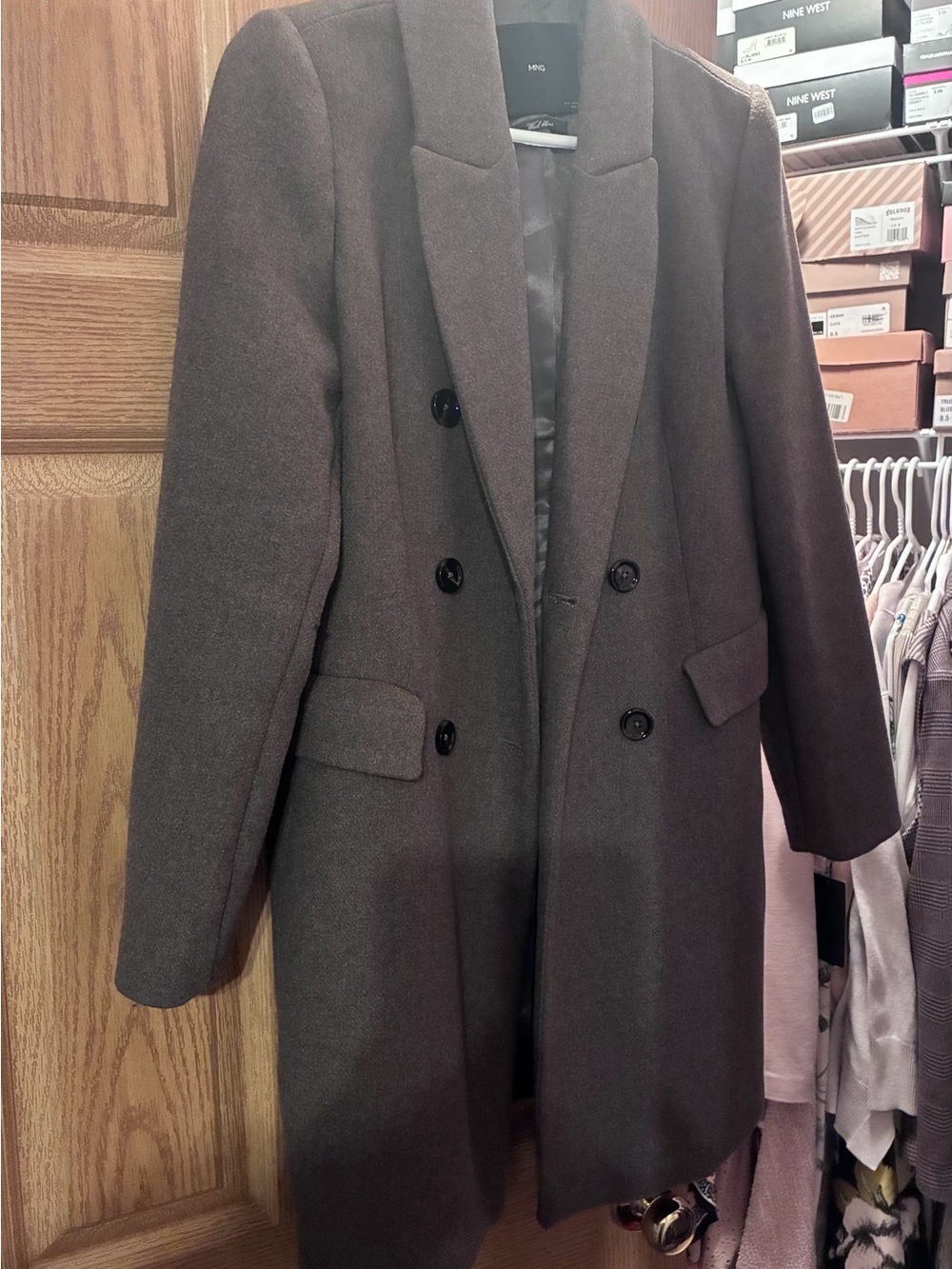 Mango Double-Breasted Pea Coat in Brown